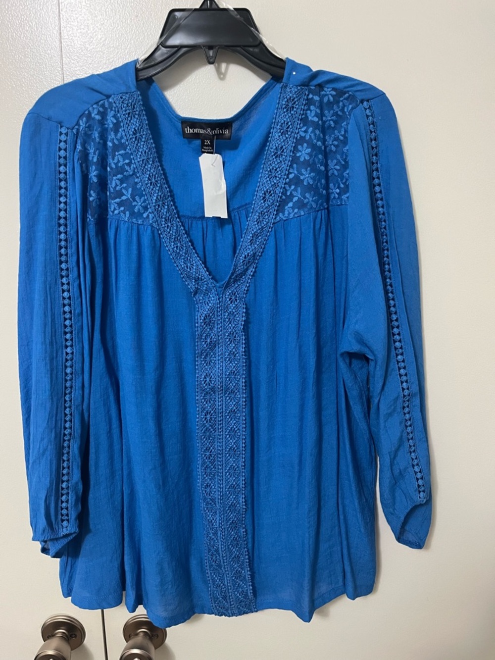 Thomas & Olivia Blue Embroidered V-Neck Peasant Blouse